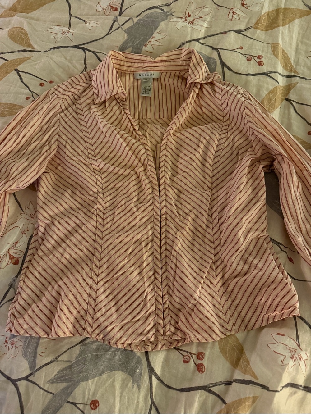 Nine West Cream and Pink Striped Clasp-Front Shirt